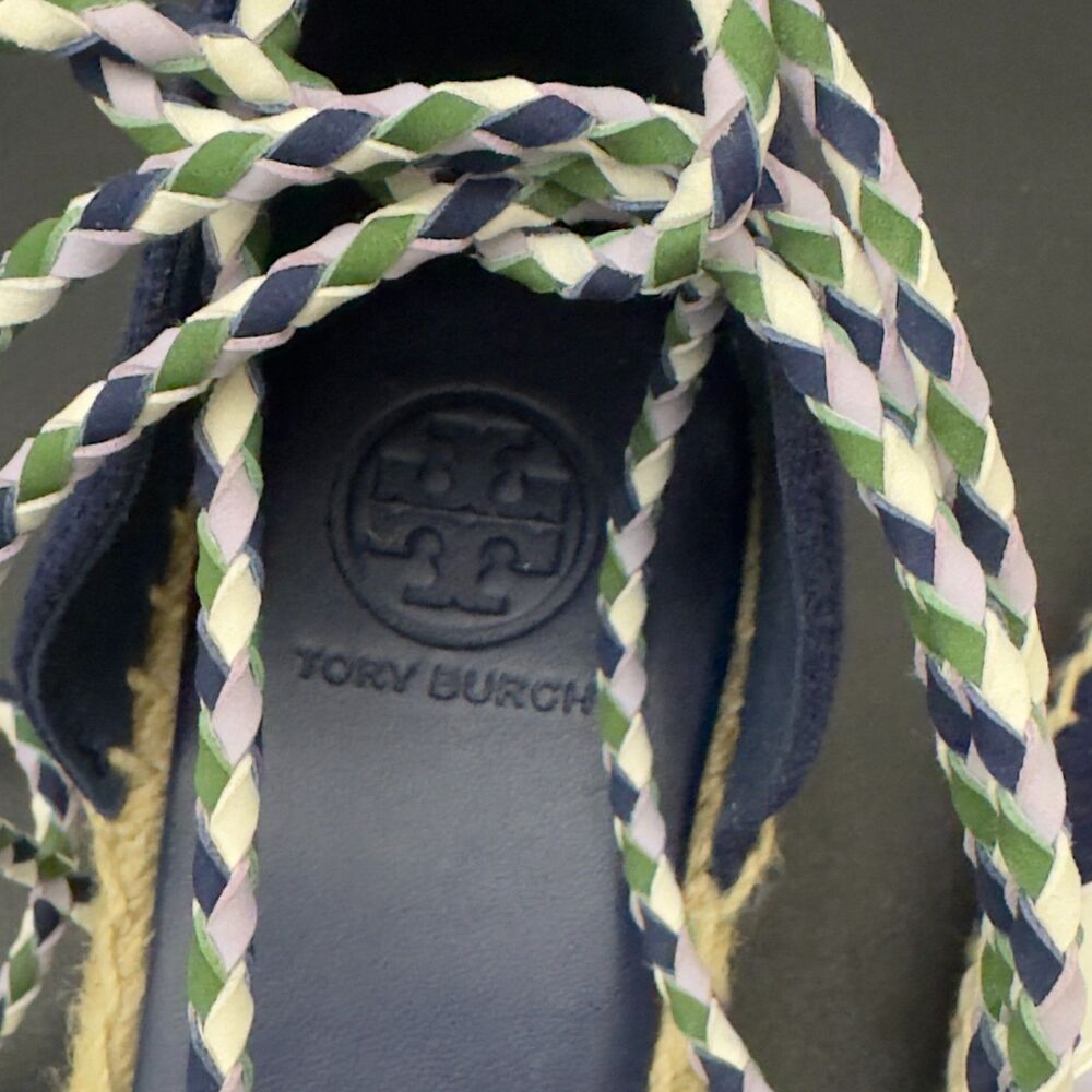 Tory Burch Laguna Espadrille Wedge Shoes Navy Blue Green Lace Up 8.5 NEW - Picture 5 of 9